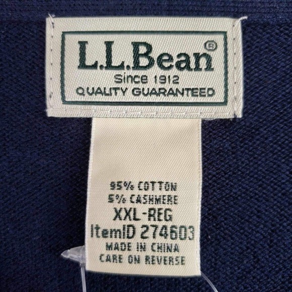 LL Bean Sweater Men’s Size XXL Navy Blue CashmereCotton Pullover V-Neck Knit New - Picture 6 of 9